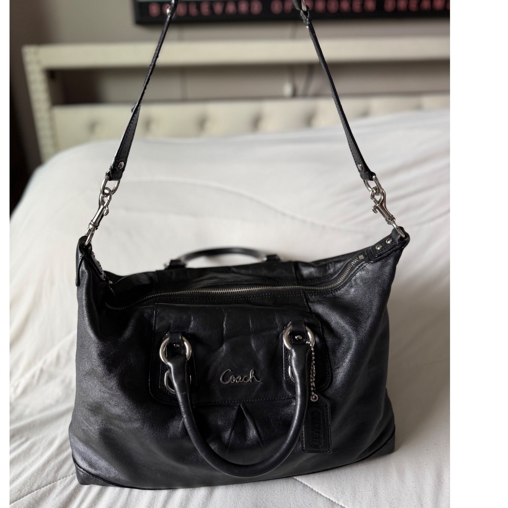 Coach Ashley Black Leather Shoulder Bag Satchel Purple Lining F15447 - Picture 2 of 14